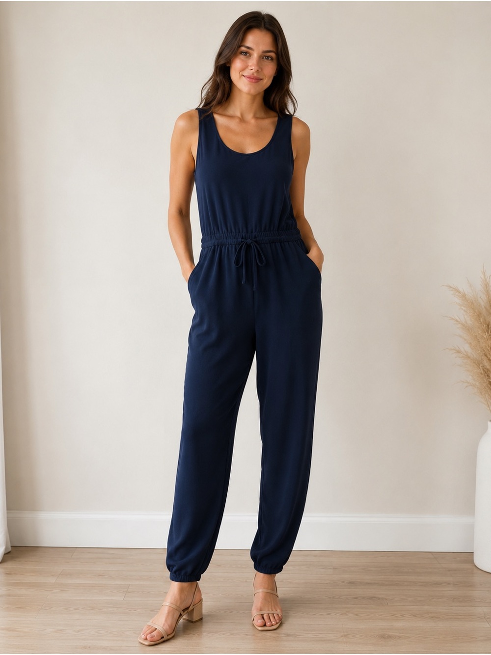 CAbi Navy Sleeveless Drawstring Jumpsuit